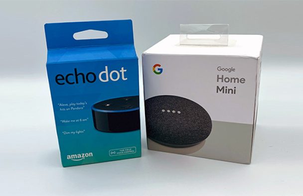 An Echo Dot and a Google Nest sit on a table with a grey background.